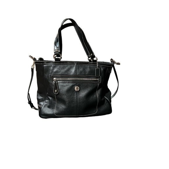 Coach Black Leather and Patent Tote Handbag Laura F14887 Coach Tag Blue Lining - Picture 2 of 16